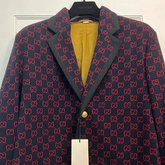 Gucci | Jackets & Coats | Gucci Blue Wool Coat With Red Gg